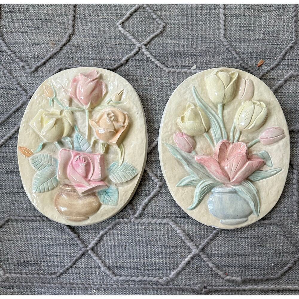 Vintage chalkware plaques wall hang pink garden floral tulips set cottage oval
